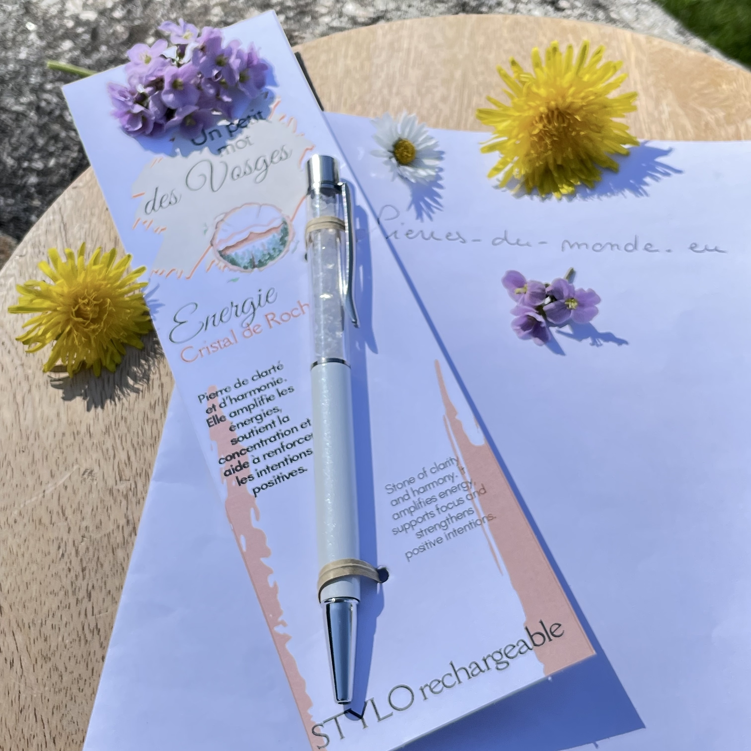 Stylo spécial ÉNERGIE en pierre naturelle Cristal de roche, collection Un petit mot des Vosges