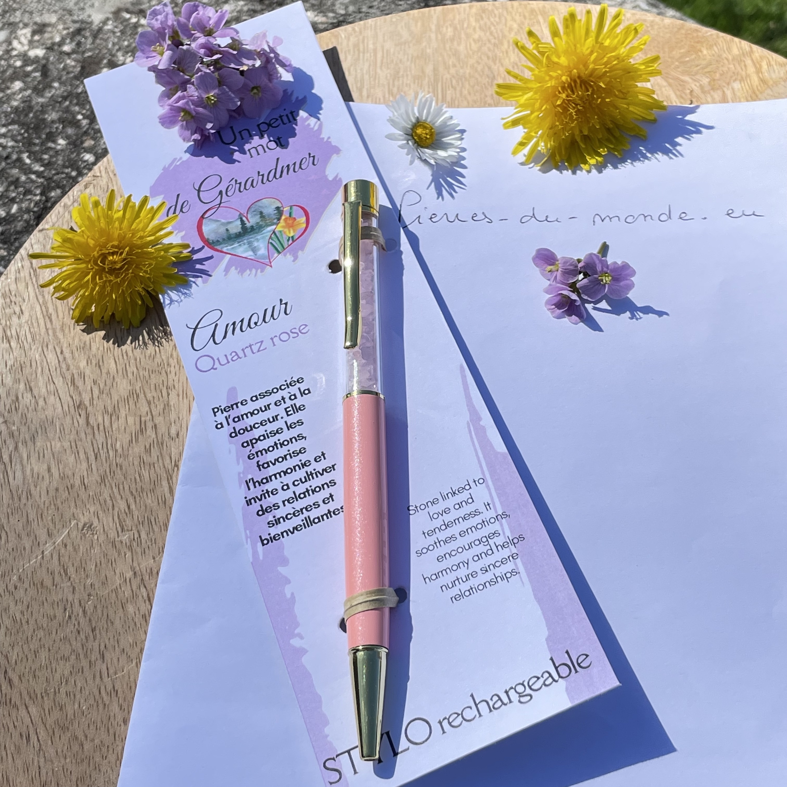Stylo spécial AMOUR en pierre naturelle Quartz rose, collection Un petit mot des Vosges