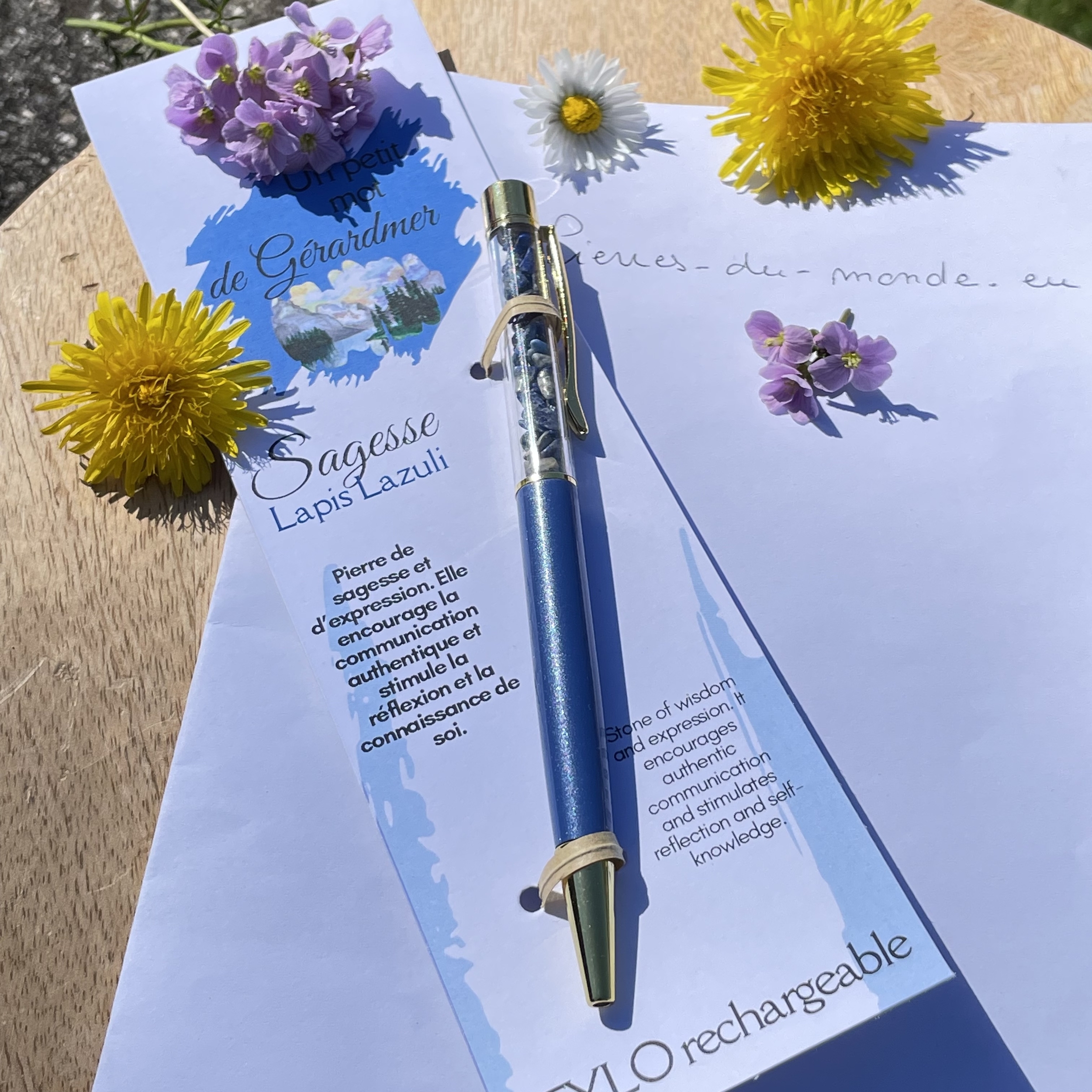Stylo spécial SAGESSE en pierre naturelle Lapis Lazuli, collection Un petit mot des Vosges