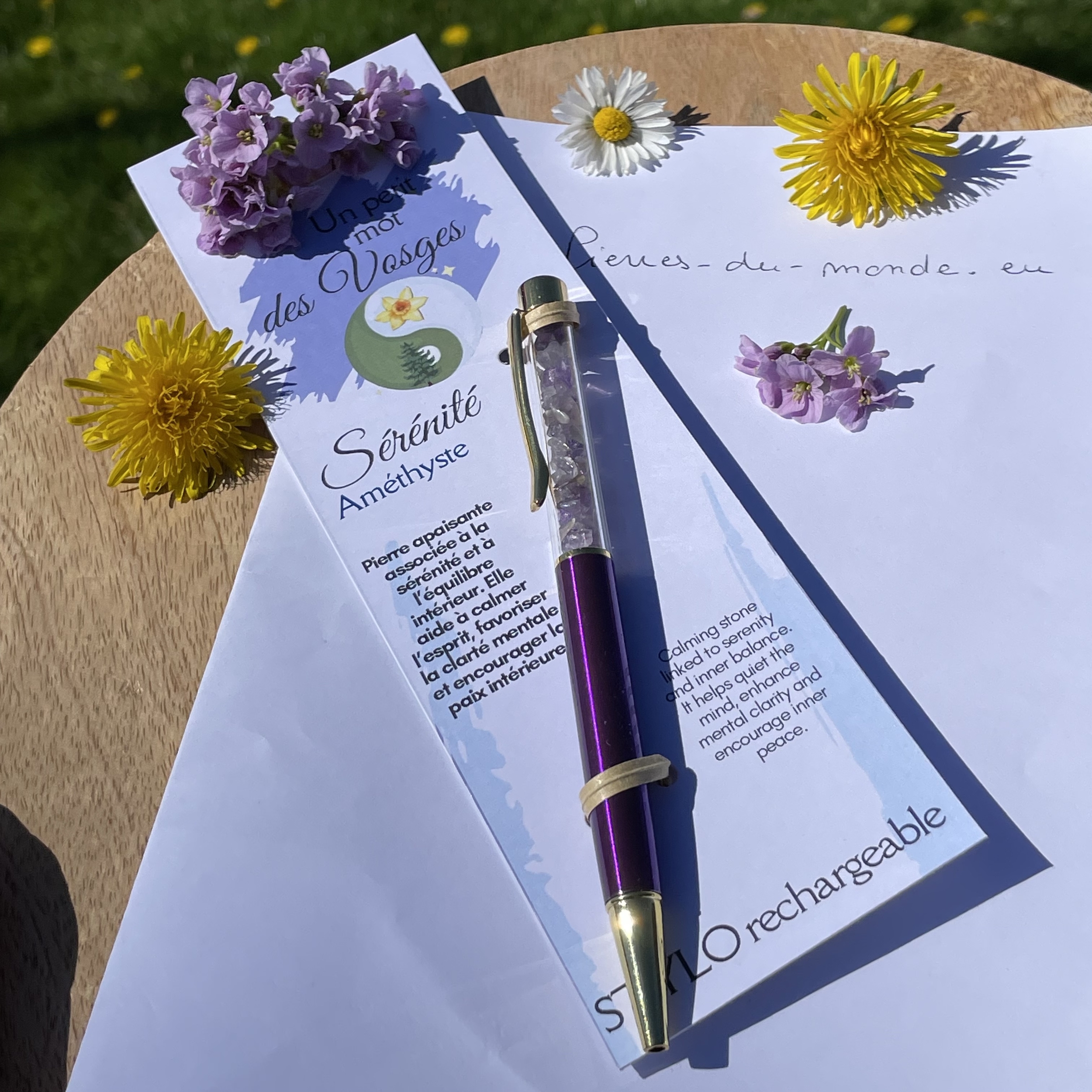 Stylo spécial SÉRÉNITÉ en pierre naturelle Améthyste, collection Un petit mot des Vosges