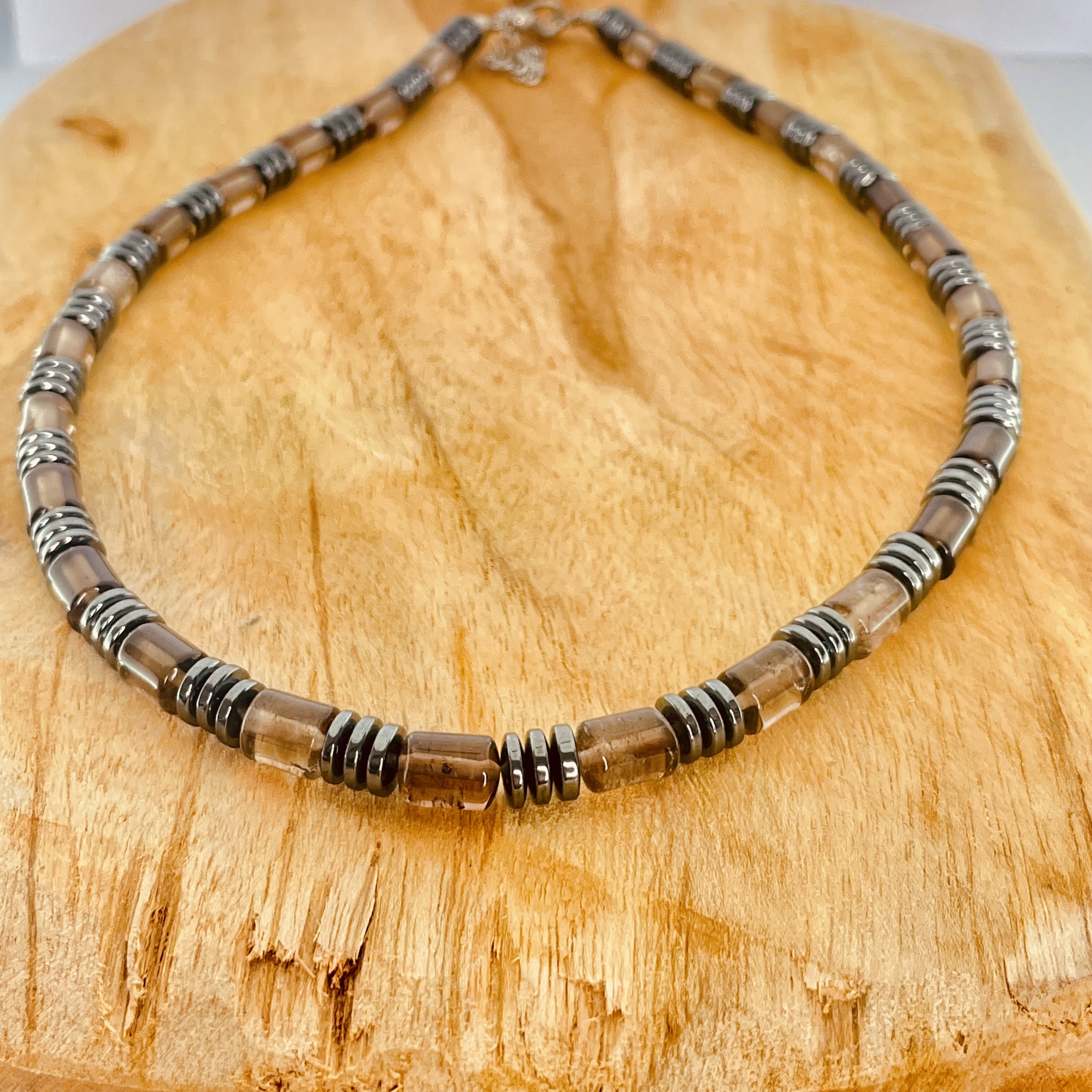 Collier Homme en pierre naturelle quartz fumé et hématite
