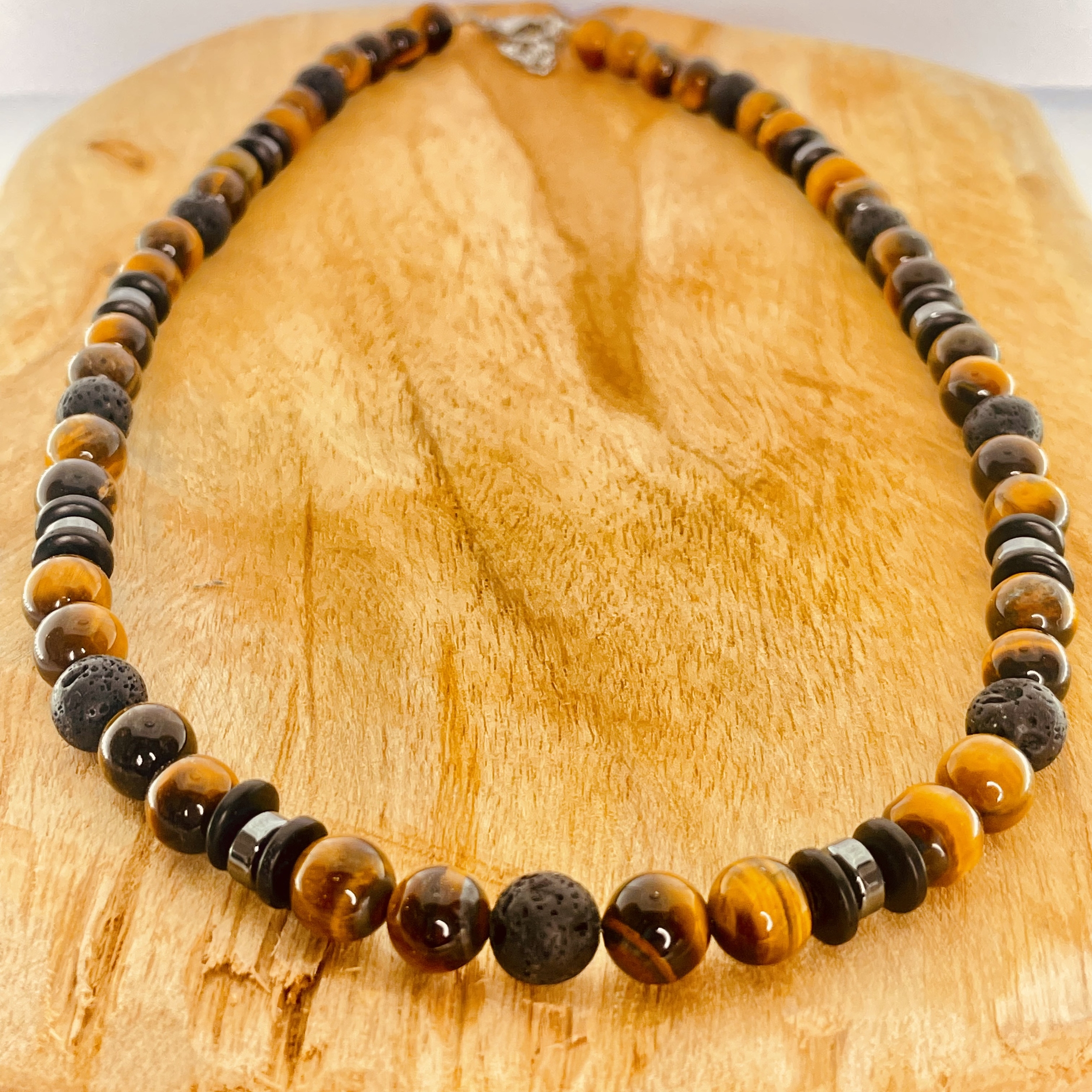 Collier Homme en pierre naturelle oeil de tigre, pierre de lave et Hématite