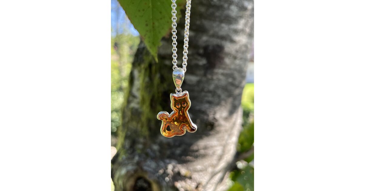 Pendentif Chat En Argent 925 Avec Véritable Ambre - Unisexe, Neuf Avec Écrin