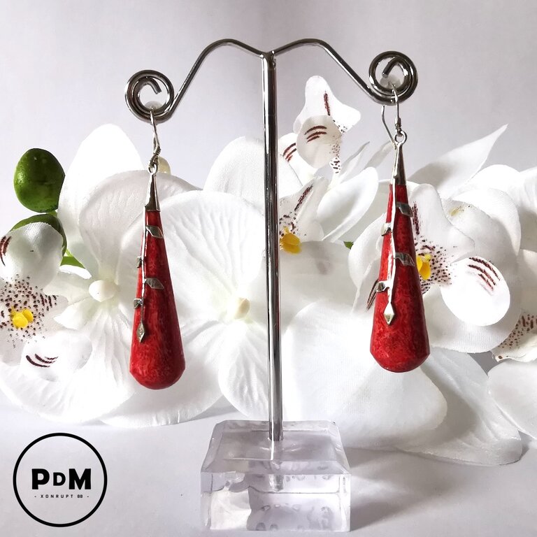 Boucles D'oreilles Bouton En Corail Rose Et Argent Massif - Occasion - Bijoux Vintage