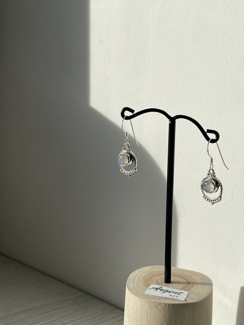 Boucles D'oreilles Argent 925 - Pierre De Lune Véritable - Forme Cône Baroque - Neuf Sans Emballage