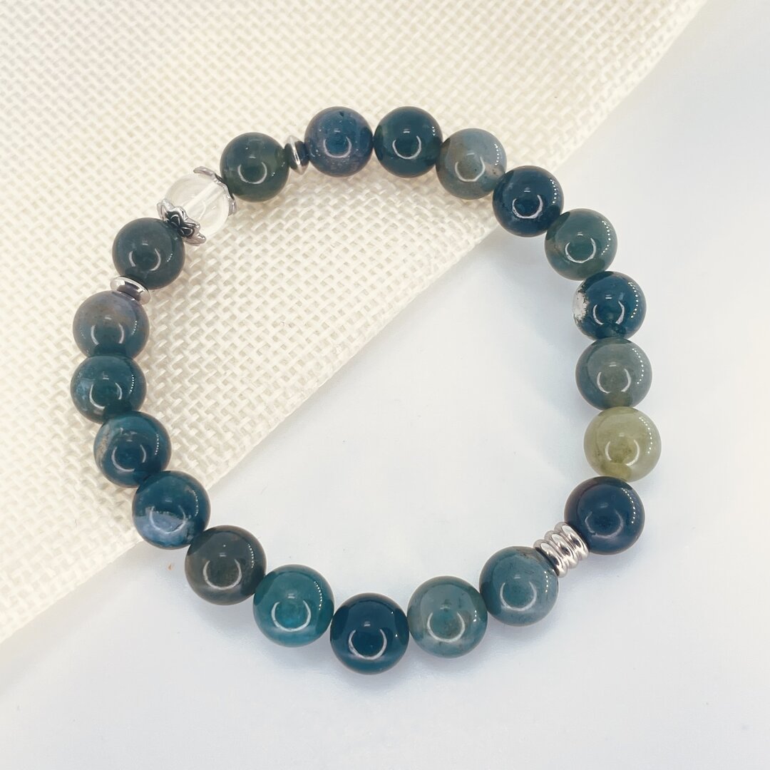 Bracelet Perles Agate Mousse Et Bois 8 Mm - Fabriqué En France, Bijou Naturel élégant