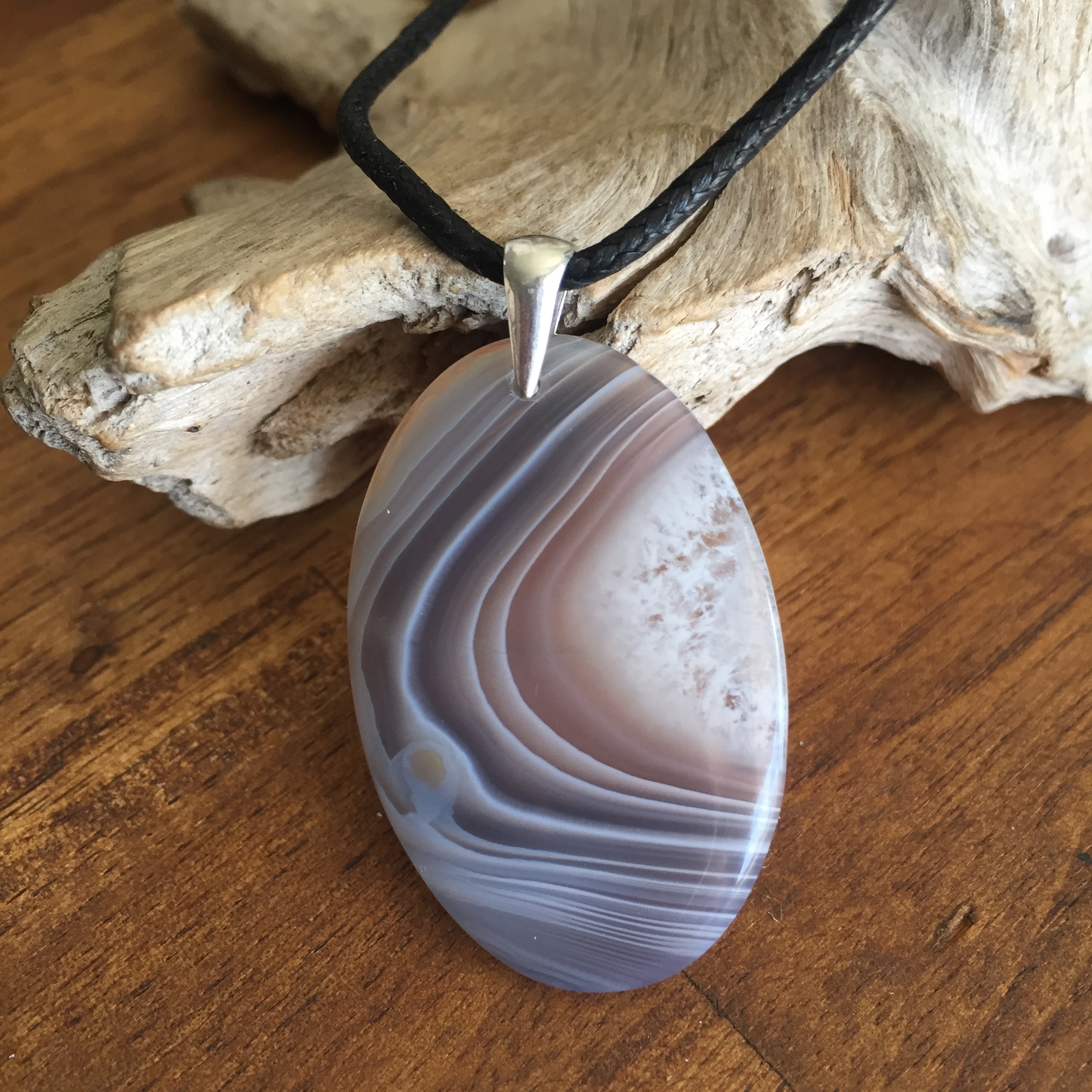 pendentif Agate Botswana, bélière argent 925, cordon coton ciré offert