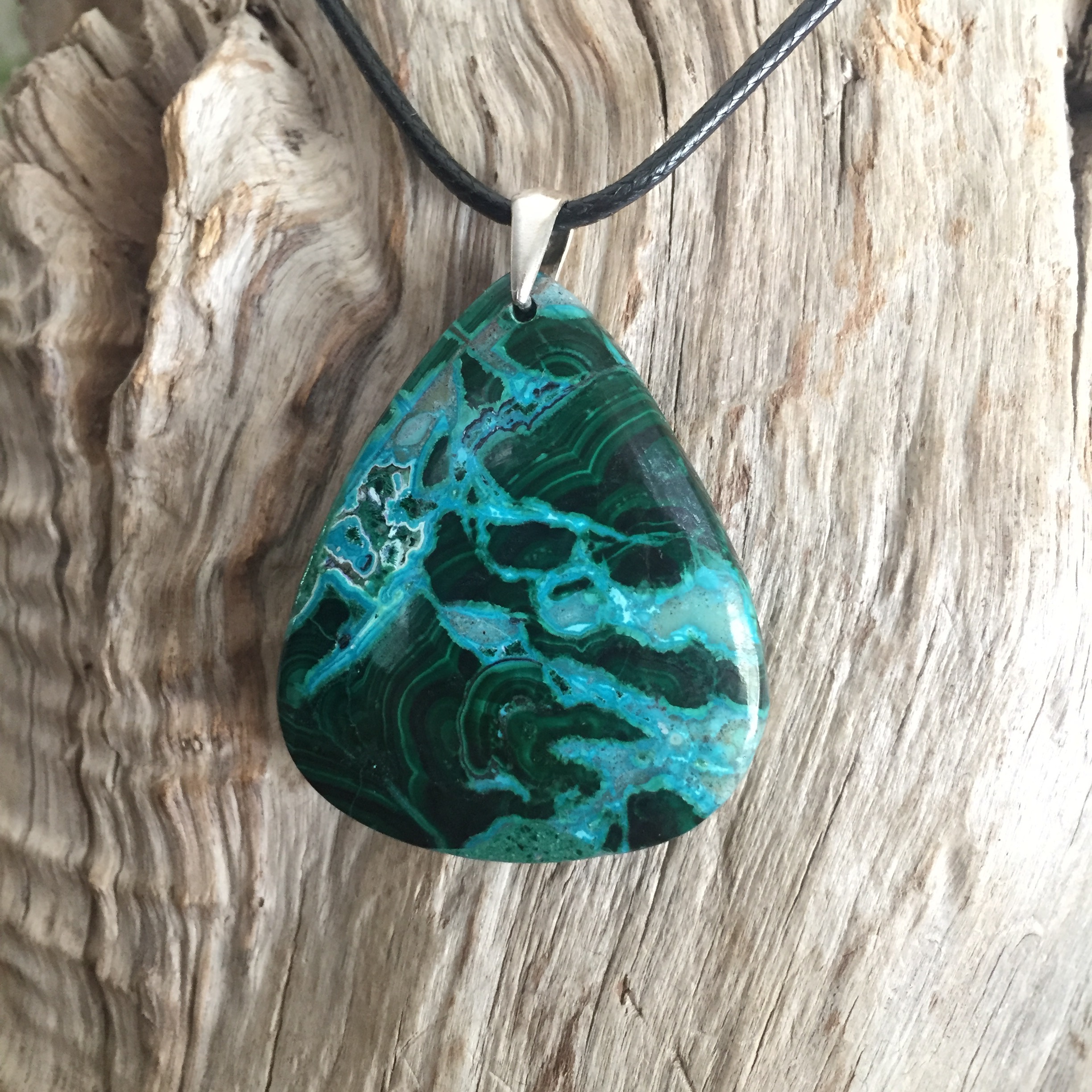 pendentif Malachite-Crysocolle, bélière argent 925, cordon coton ciré offert.