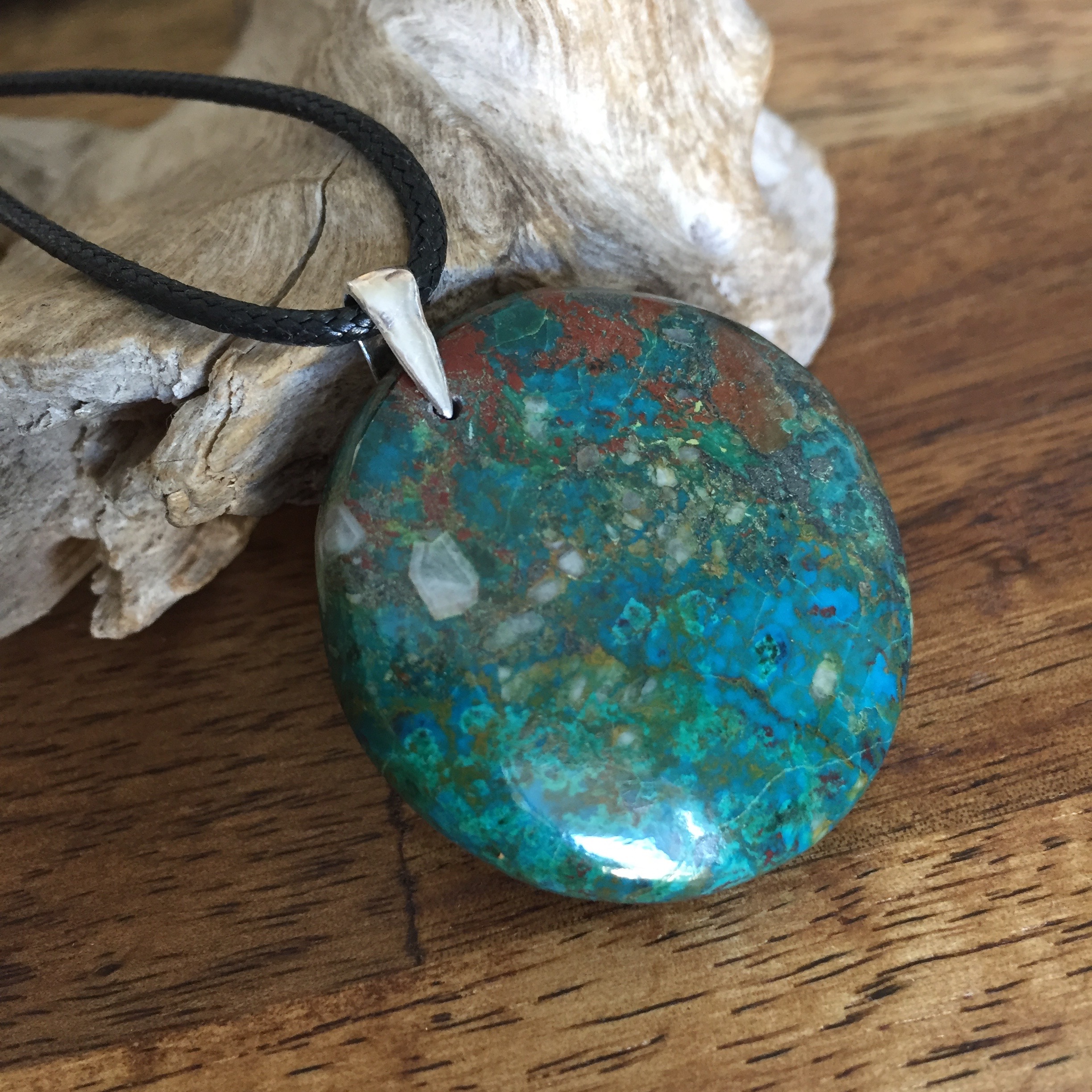 Pendentif Chrysocolle, bélière argent 925, cordon coton ciré offert