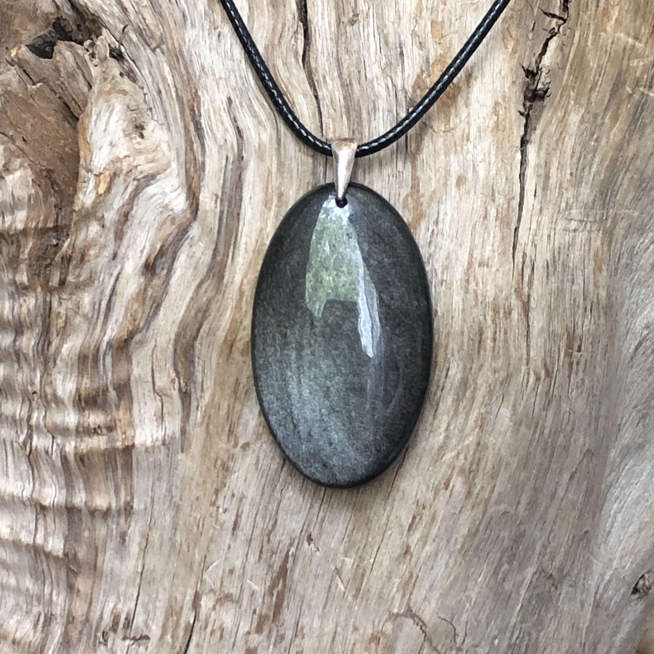 Pendentif obsidienne argentée, bélière argent 925