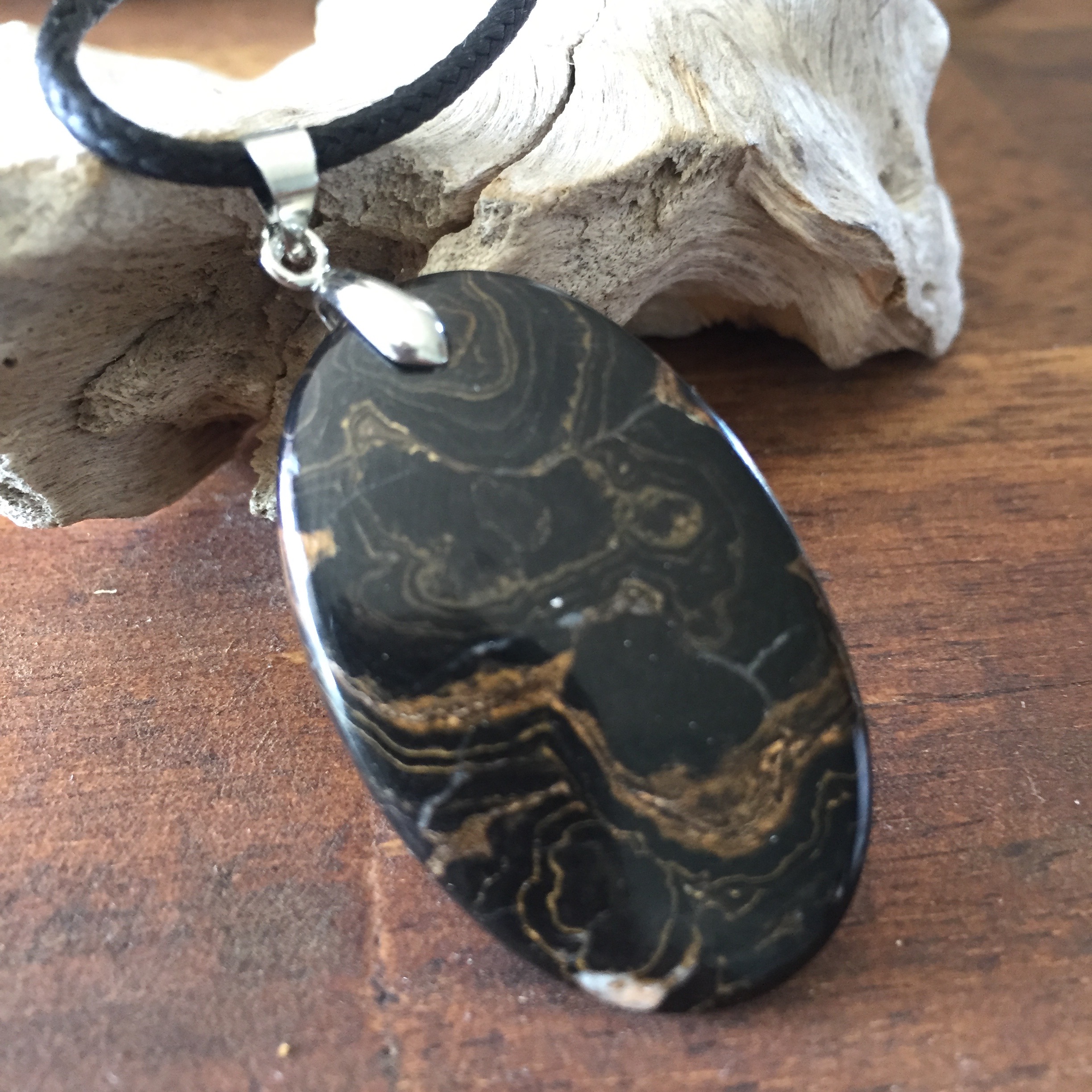 Pendentif Stromatolite, bélière argent 925, cordon coton ciré offert