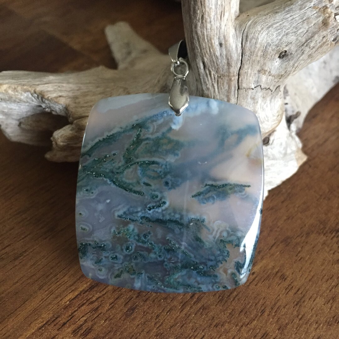 Pendentif Pierre Agate Mousse Bélière Acier Inoxydable Hypoallergénique - Occasion Comme Neuf