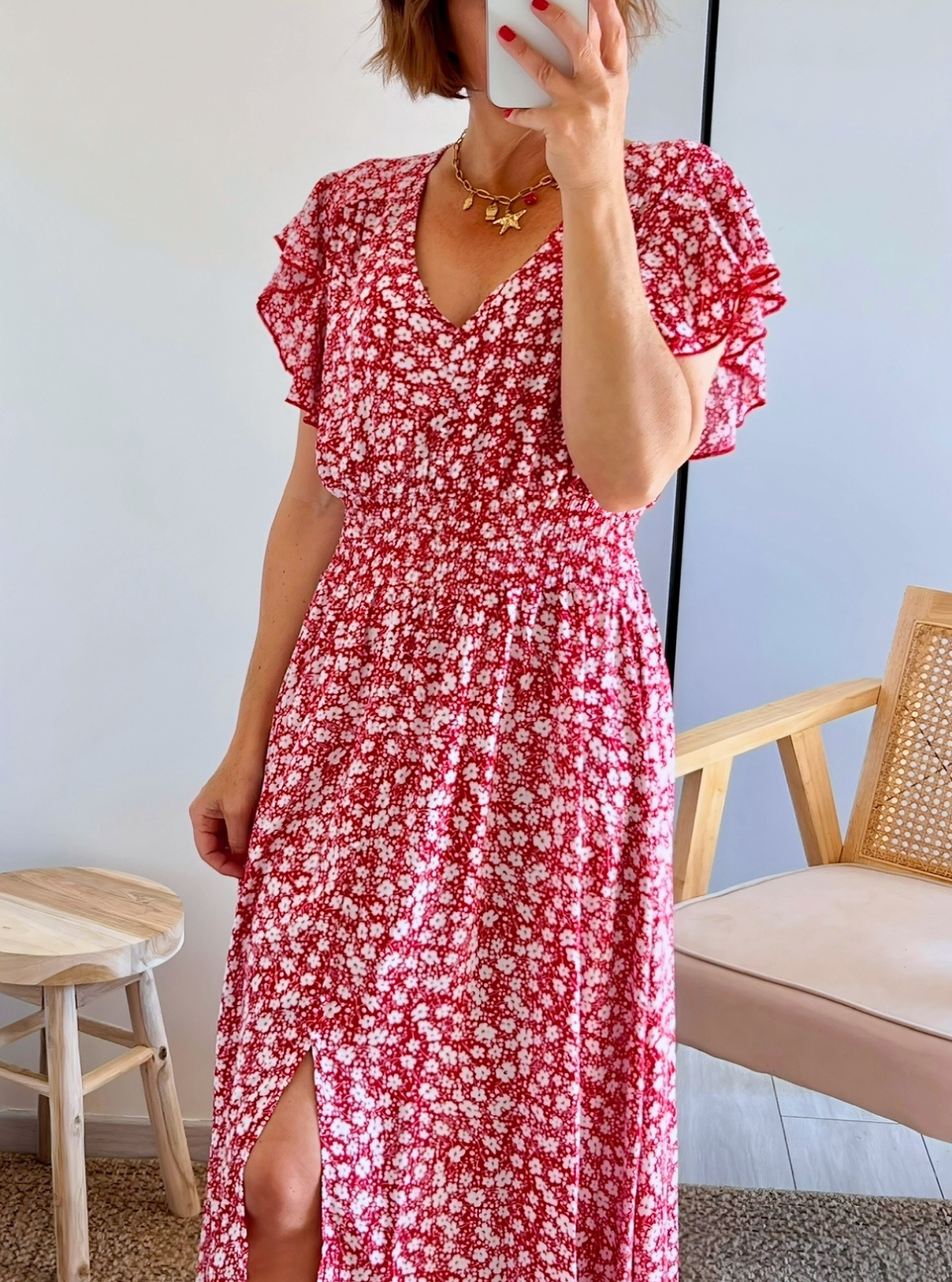 robe rouge longue avec fleurs Rosaline