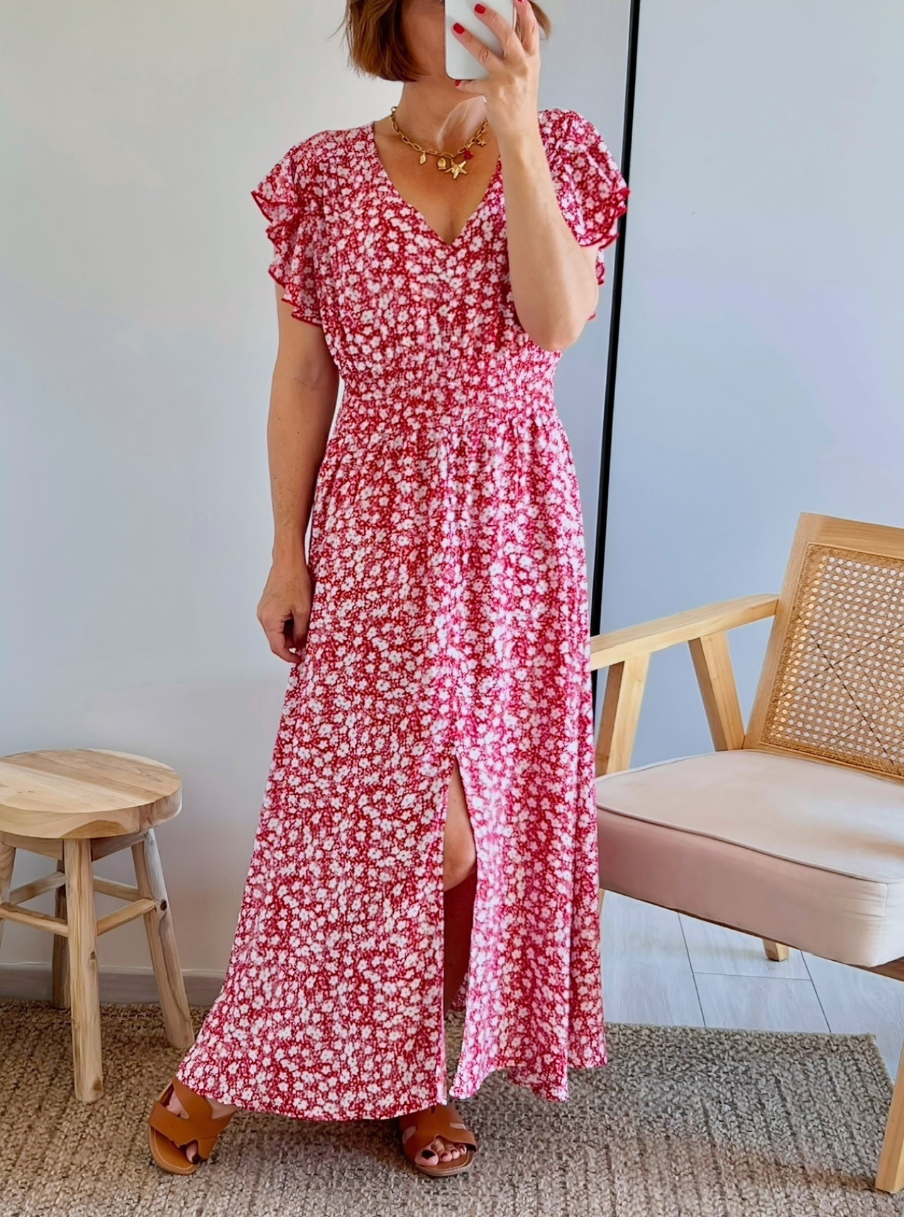robe longue fluide rouge avec fleurs Rosaline