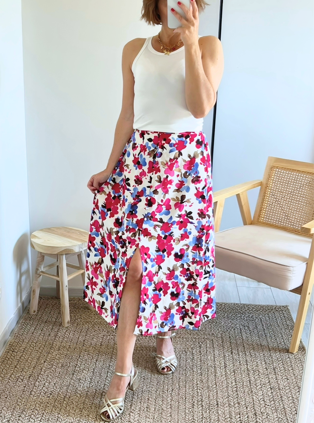 jupe Soleya rose fleurie avec fente