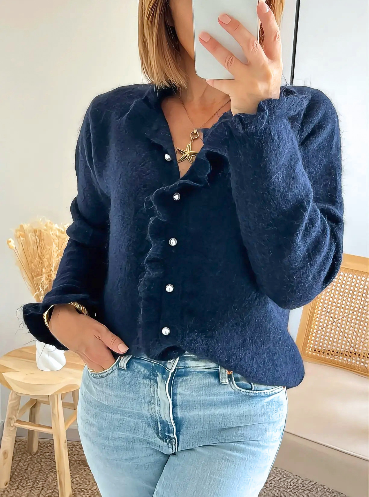 gilet Elly bleu marine avec boutons perles