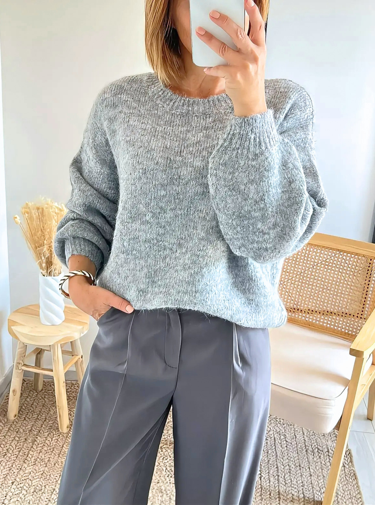 pull gris doux uni femme Paco