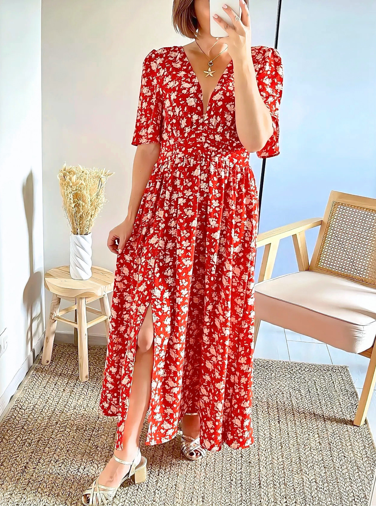 robe longue rouge fleurie Julieta