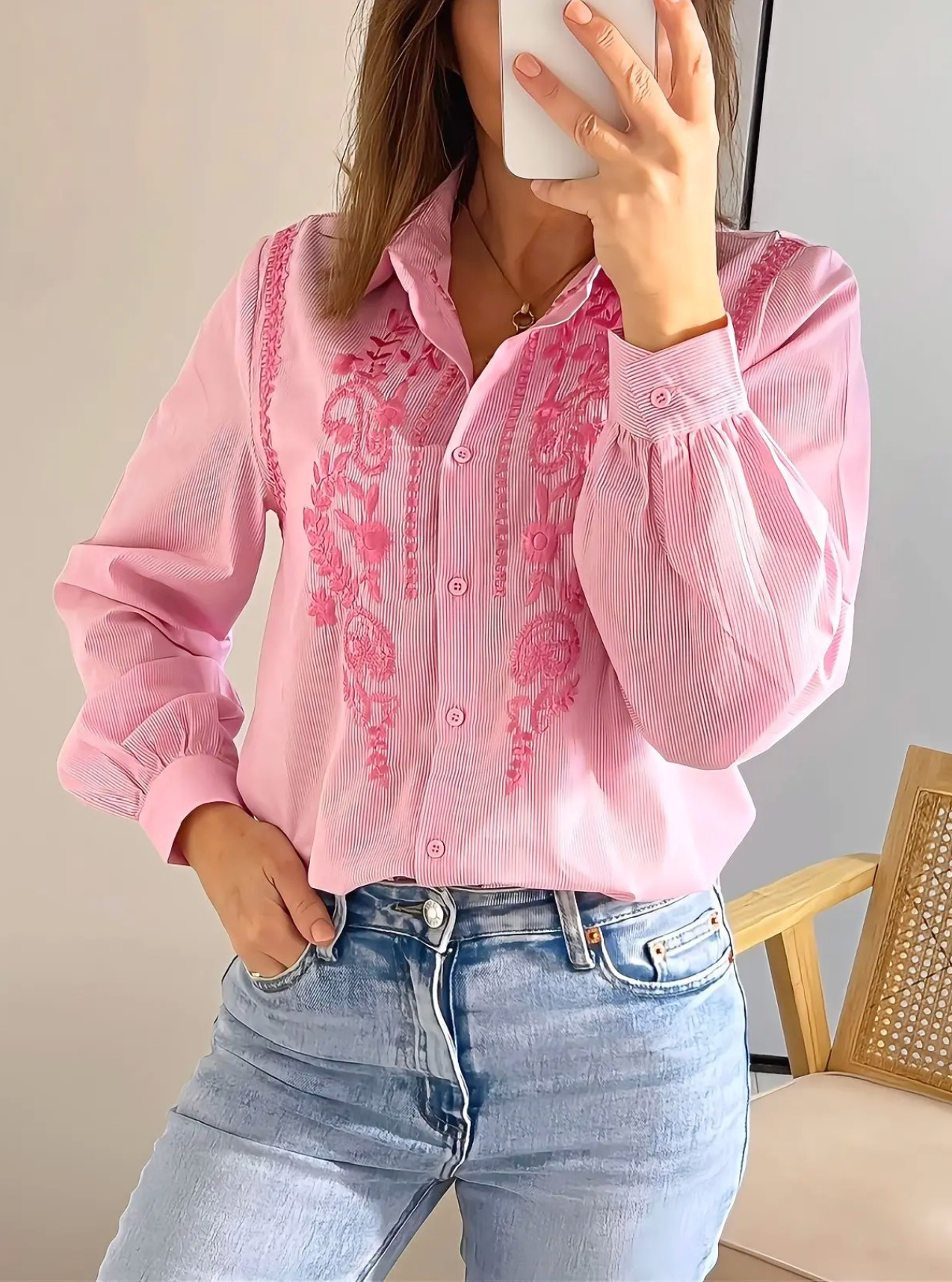 chemise femme Noelie rose brodée