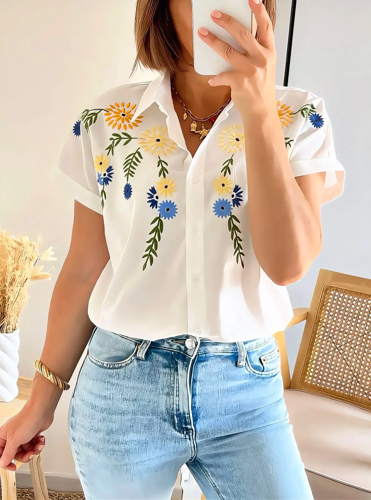 chemise femme manches courtes Jazz en coton avec broderies