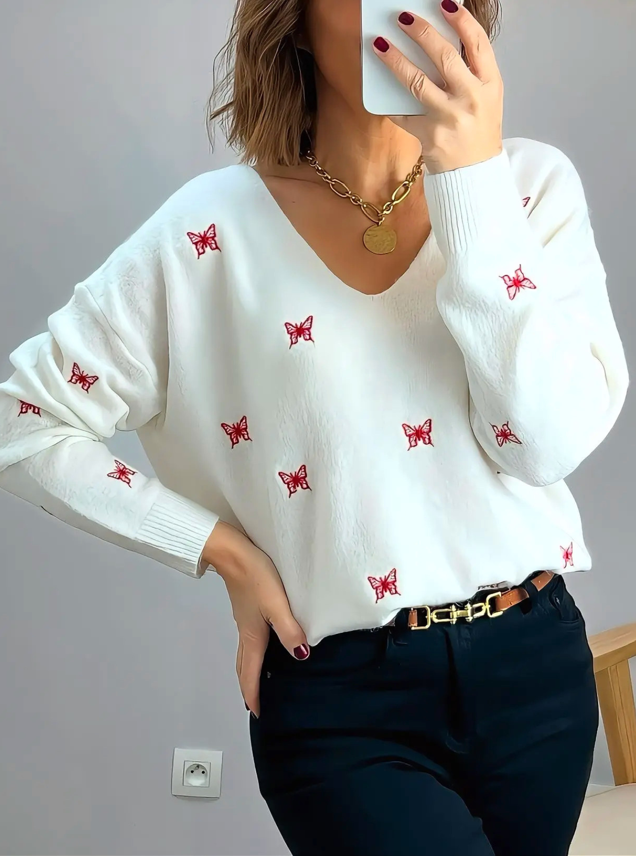 pull col v motifs papillons Birdy écru