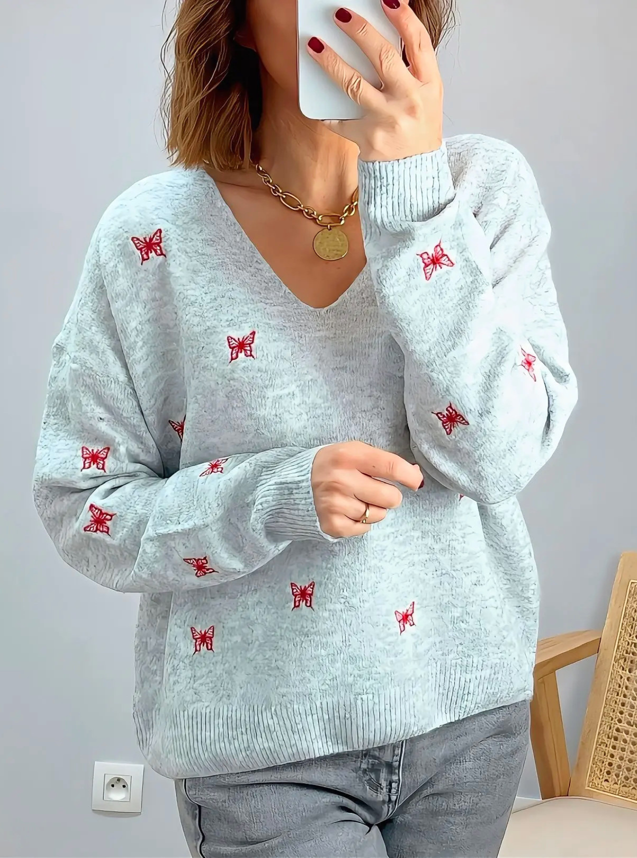 pull fin gris motifs papillons BIrdy