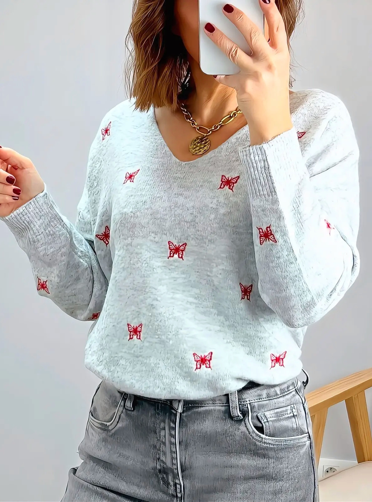 pull femme motifs papillons Birdy gris
