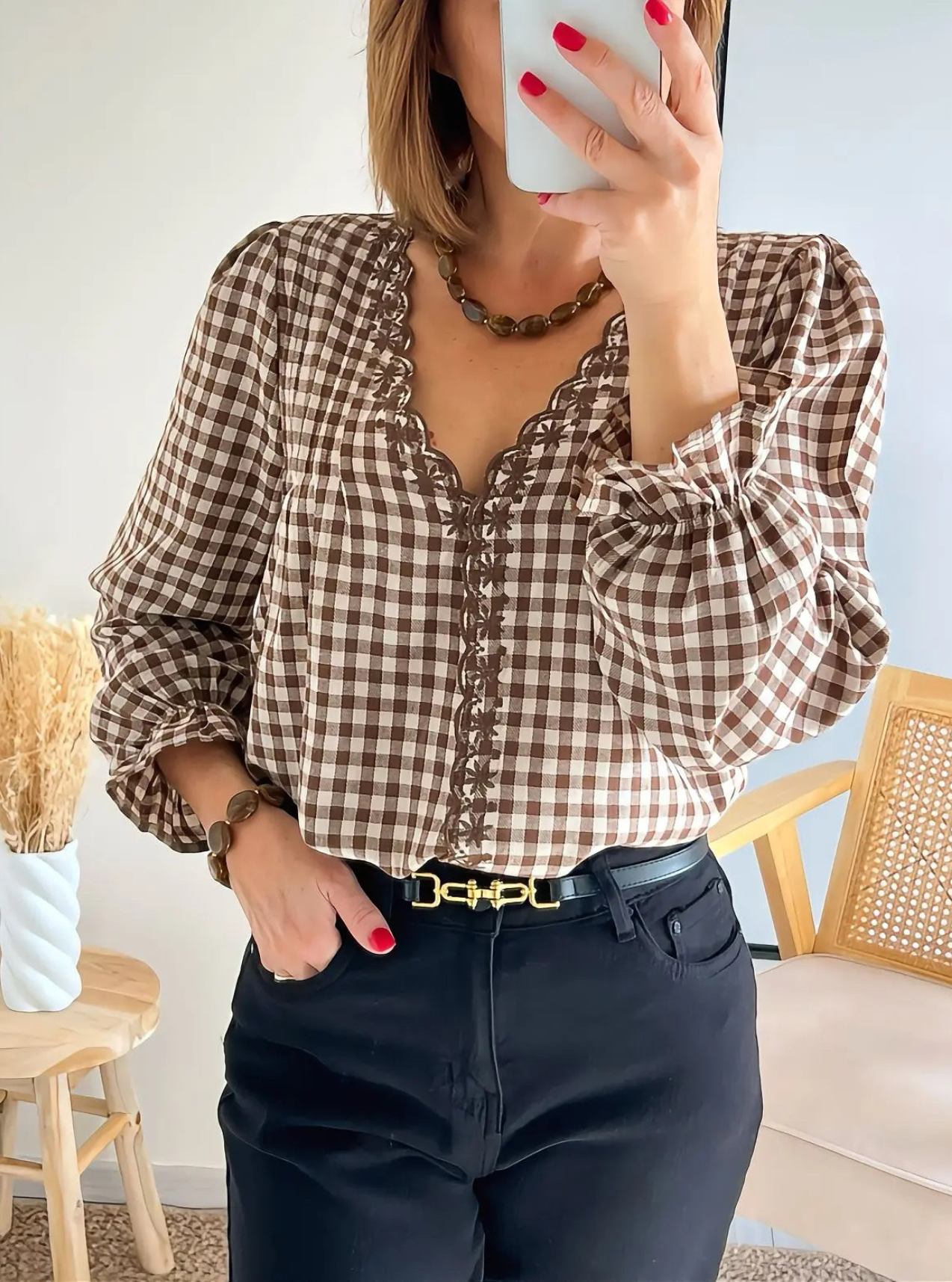 blouse à carreaux marron choco Ilona