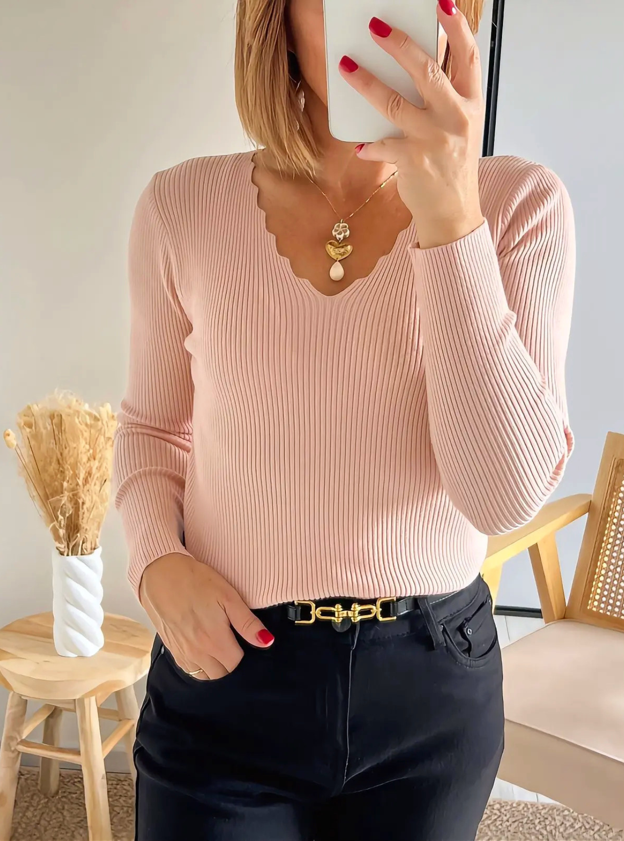 pull fin rose clair en maille côtelée Mahé