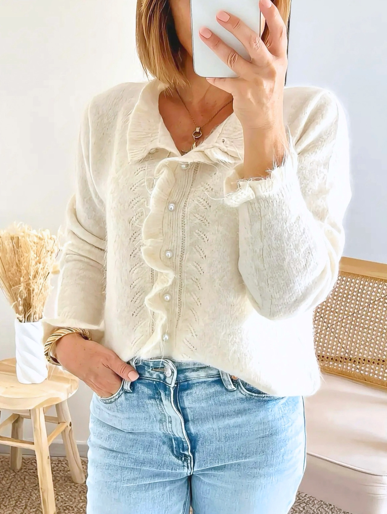 gilet doux Elly beige avec volants