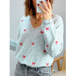 pull gris Birdy motifs papillons rouges