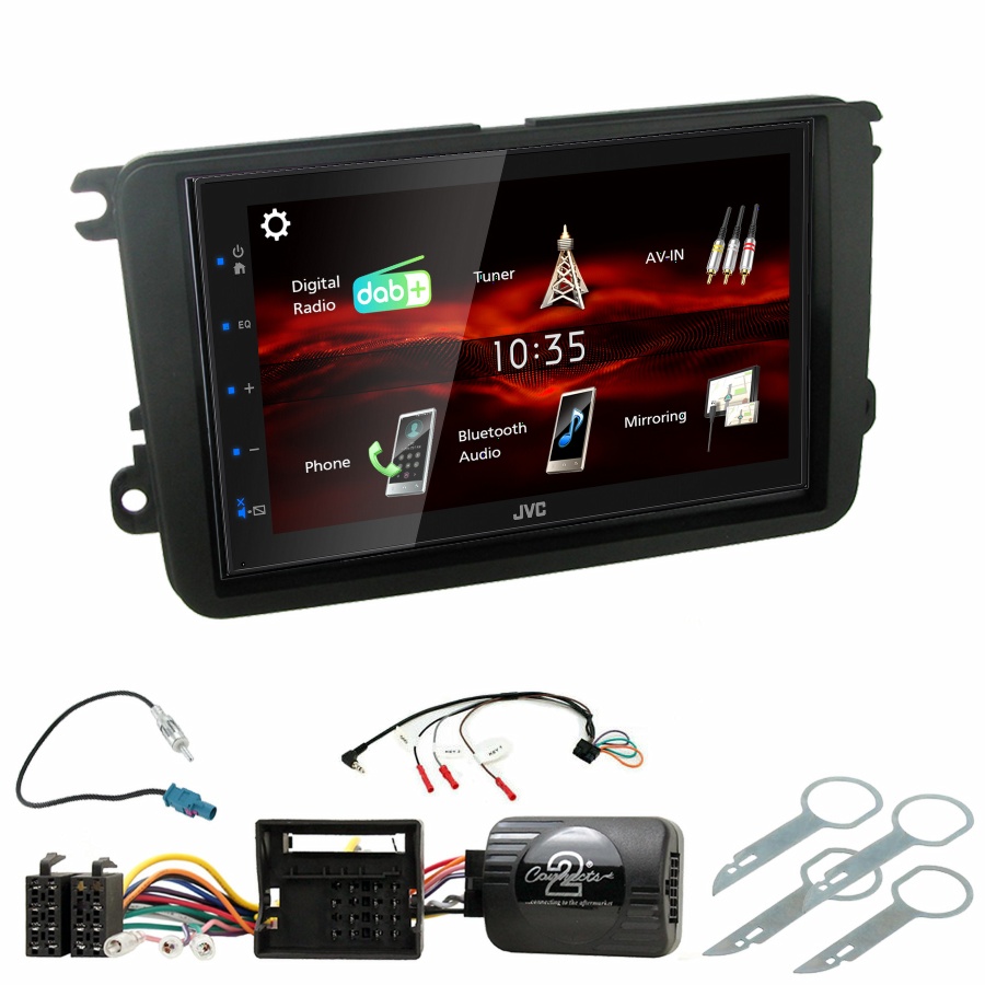 Autoradio JVC CarPlay Volkswagen Amarok Coccinelle Sharan Transporter Polo Caddy Eos Golf Scirocco Passat Tiguan et Touran + Kit complet