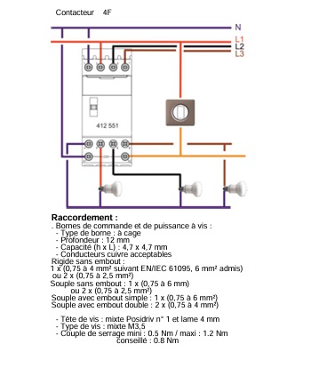 LEGRAND Schéma électrique Contacteur de puissance CX3 bobine 230V sans commande manuelle - 4P 400V - 25A - contact 4F - 2 modules Réf 412535