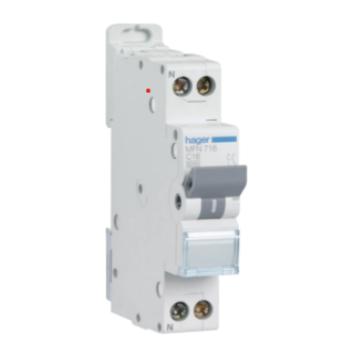 Hager Disjoncteur Phase + Neutre 16A 3kA Courbe C bornes à vis 1 Module MFN716