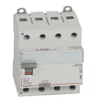 Interrupteur différentiel DX³-ID 4P 40A type A 30mA 400V départ bas 4 modules Legrand – Réf. 411675
