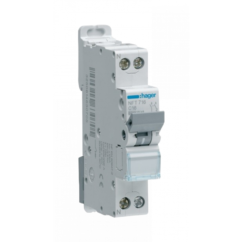 HAGER - Disjoncteur 1P N - 6-10kA - Courbe D - 16A - Ref NGT716