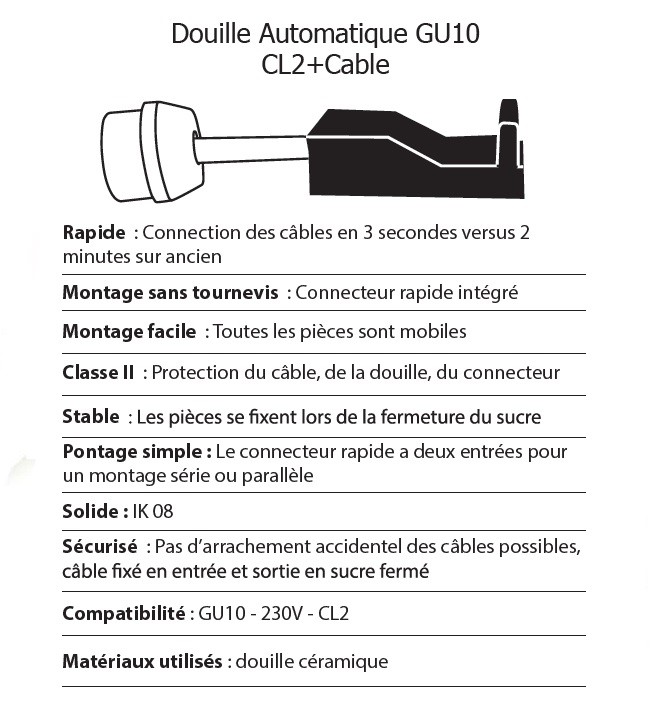 DOUILLE GU10 AVEC CONNECTEUR RAPIDE CLASSE 2