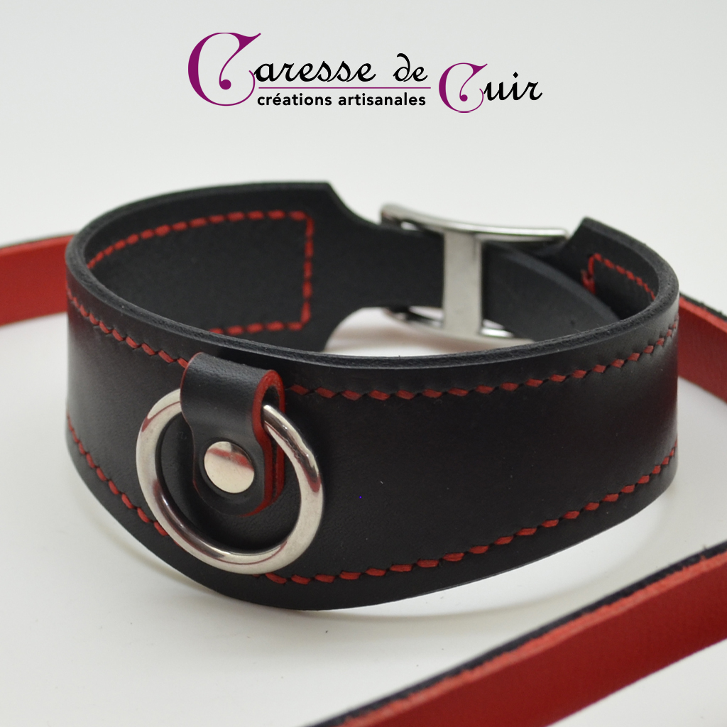 Ensemble-collier-avec laisse-ferme-assortie-cuir noir-couture-rouge-4