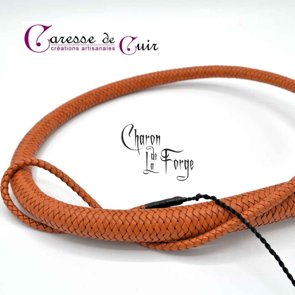 Fouet-Charon-marron-pommeau argenté-caresse-de-cuir-1