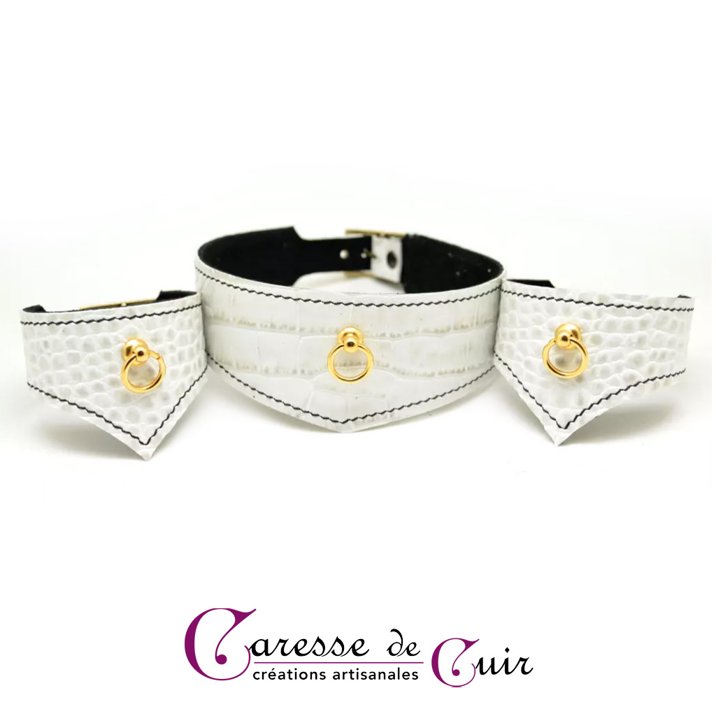 Ensemble BDSM collier et  2 bracelets assortis en cuir blanc façon croco