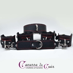 Ensemble-Complet-Collier-Poignets-Chevillères-Sangle-Contrainte-Cuir-noir-outure-rouge-A