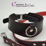 Ensemble-collier-avec laisse-ferme-assortie-cuir noir-couture-rouge-5