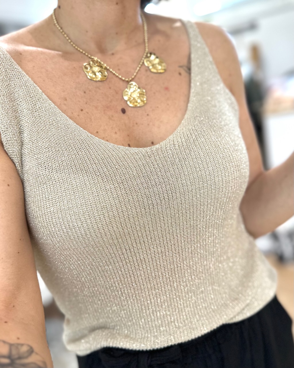 Débardeur Pailleté Argent Sur Beige Taille XS Express - Occasion En Excellent état Pour Soirée