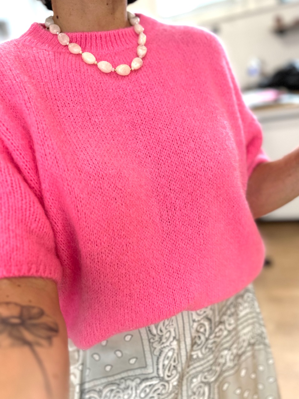 PULL MANCHES COURTES ROSE