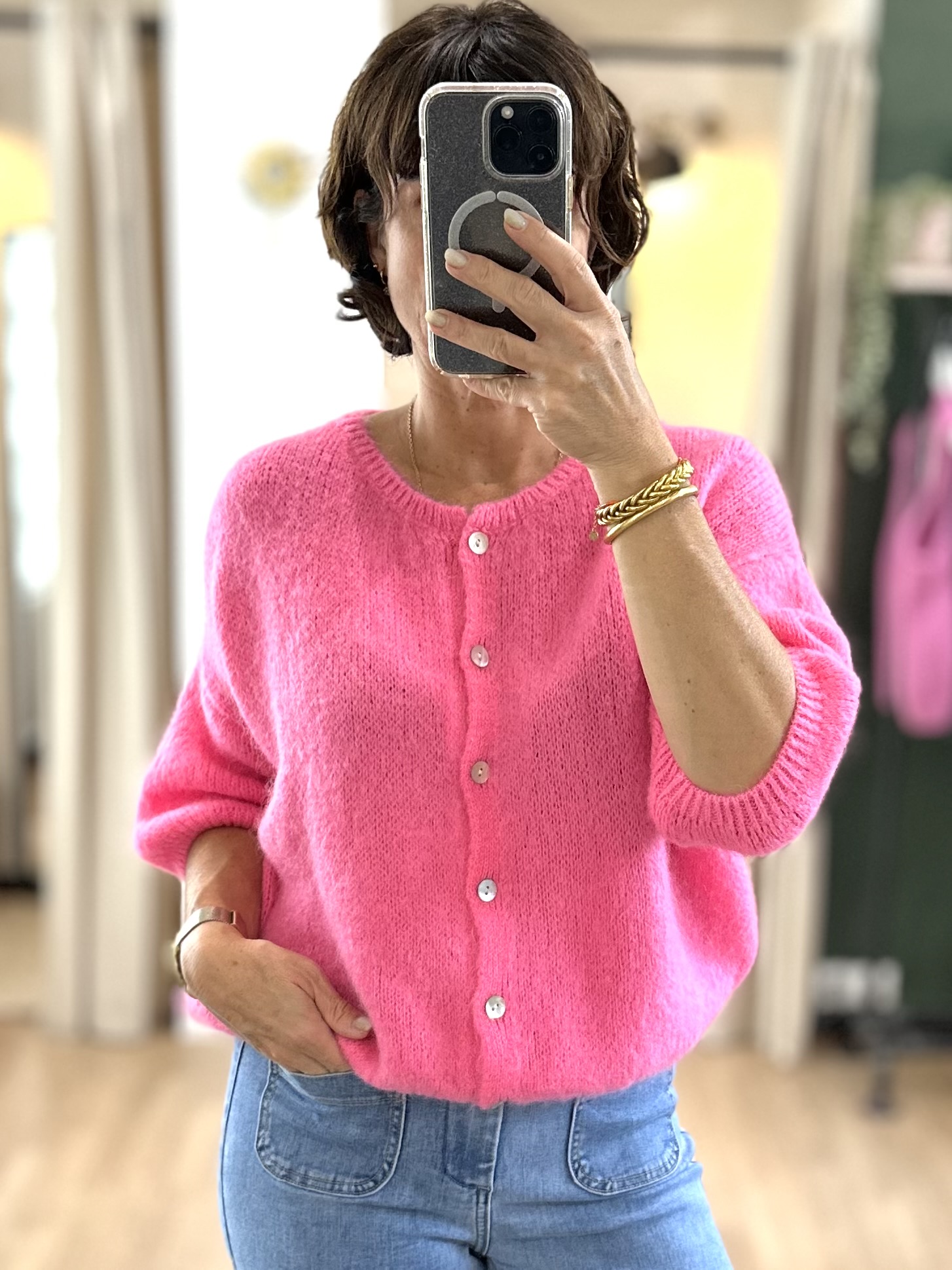 GILET ROSE FLUO MANCHES MOHAIR
