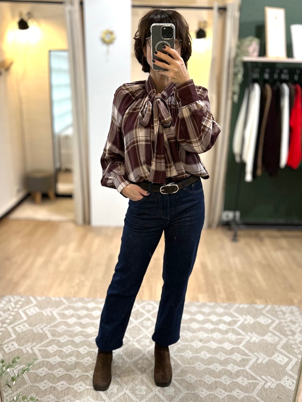 BLOUSE MARRON A CARREAUX