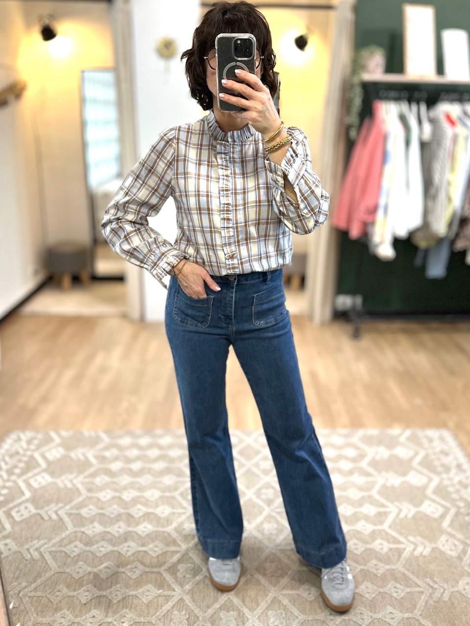 BLOUSE BLEU ET MARRON CARREAUX