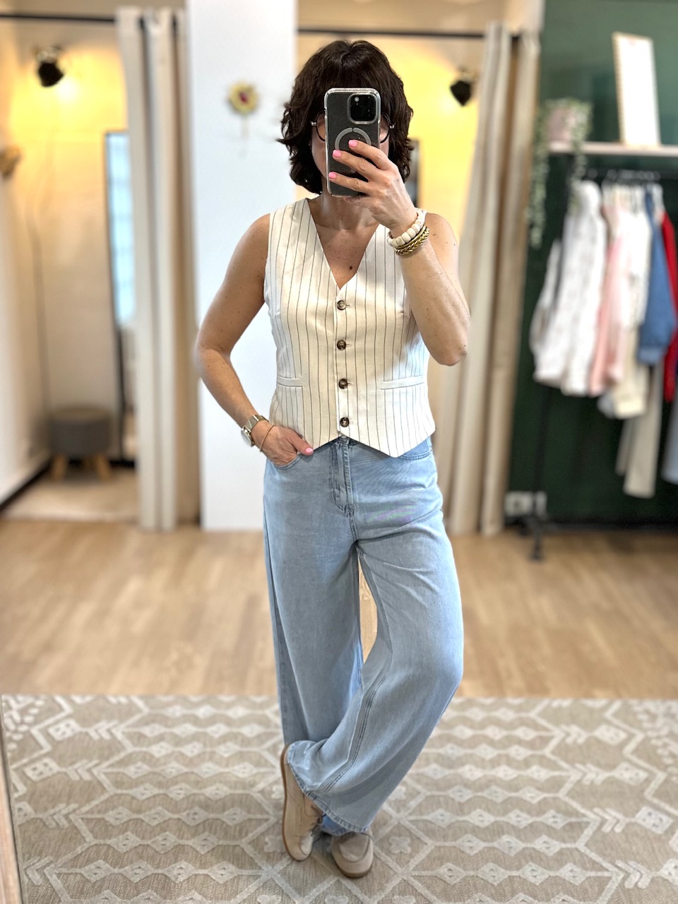 GILET SANS MANCHE BEIGE RAYE
