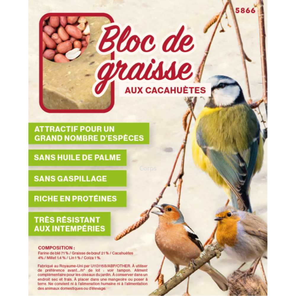 Bloc de graisse aux cacahuètes 300 gr pour oiseaux du jardin