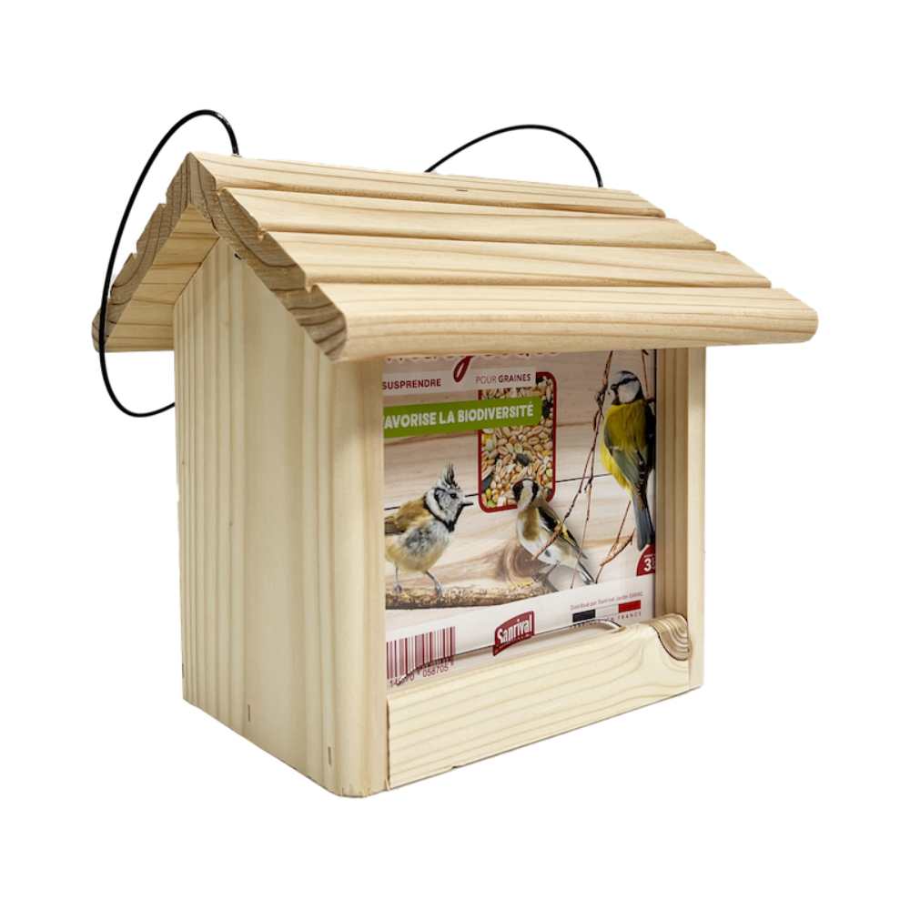 Mangeoire graines en bois à suspendre pour oiseaux du jardin_la jardinerie de Pessicart Nice 06100